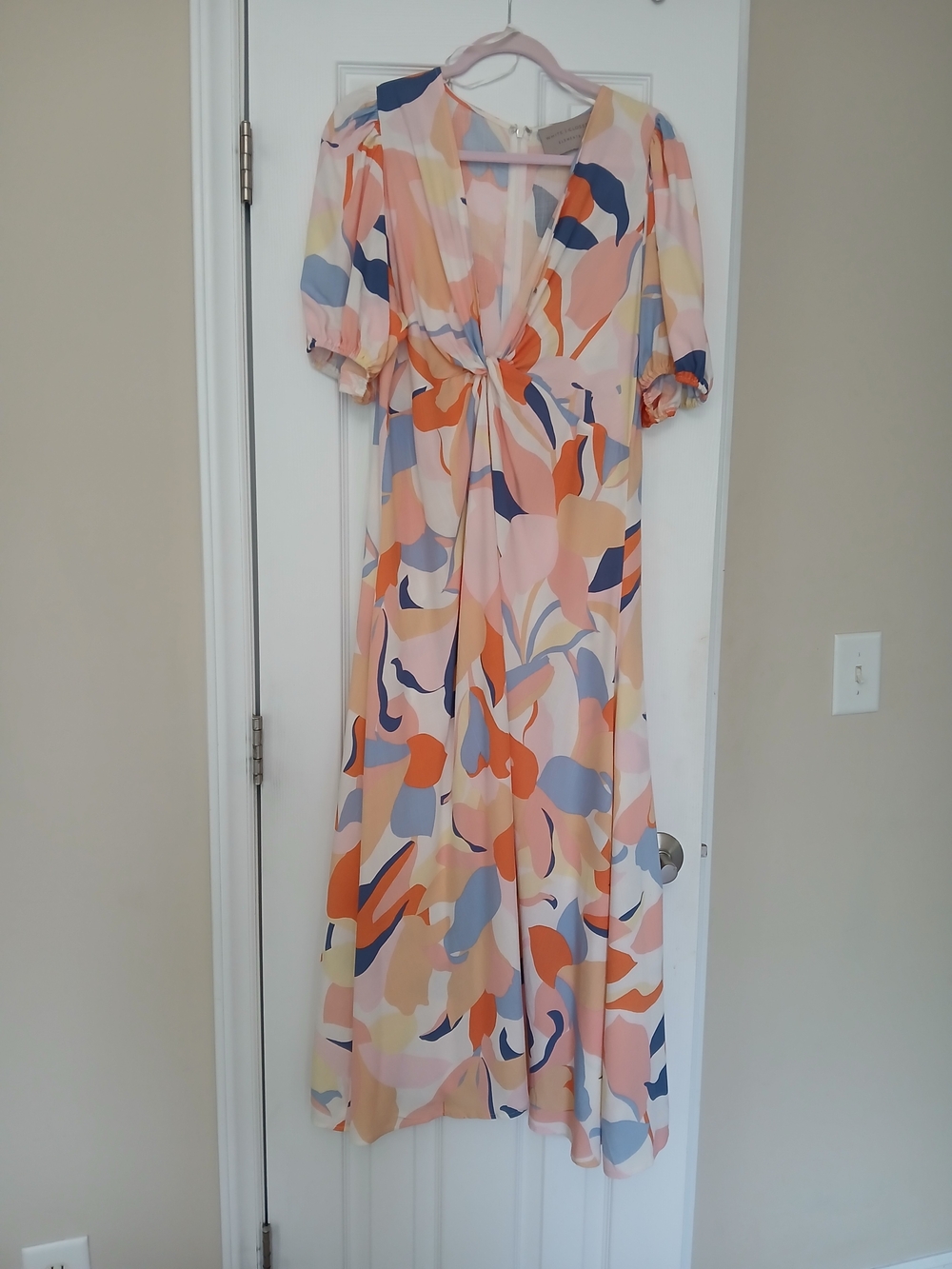 Abstract Multi-Color Twist-Front Maxi Dress in Peach & Blue